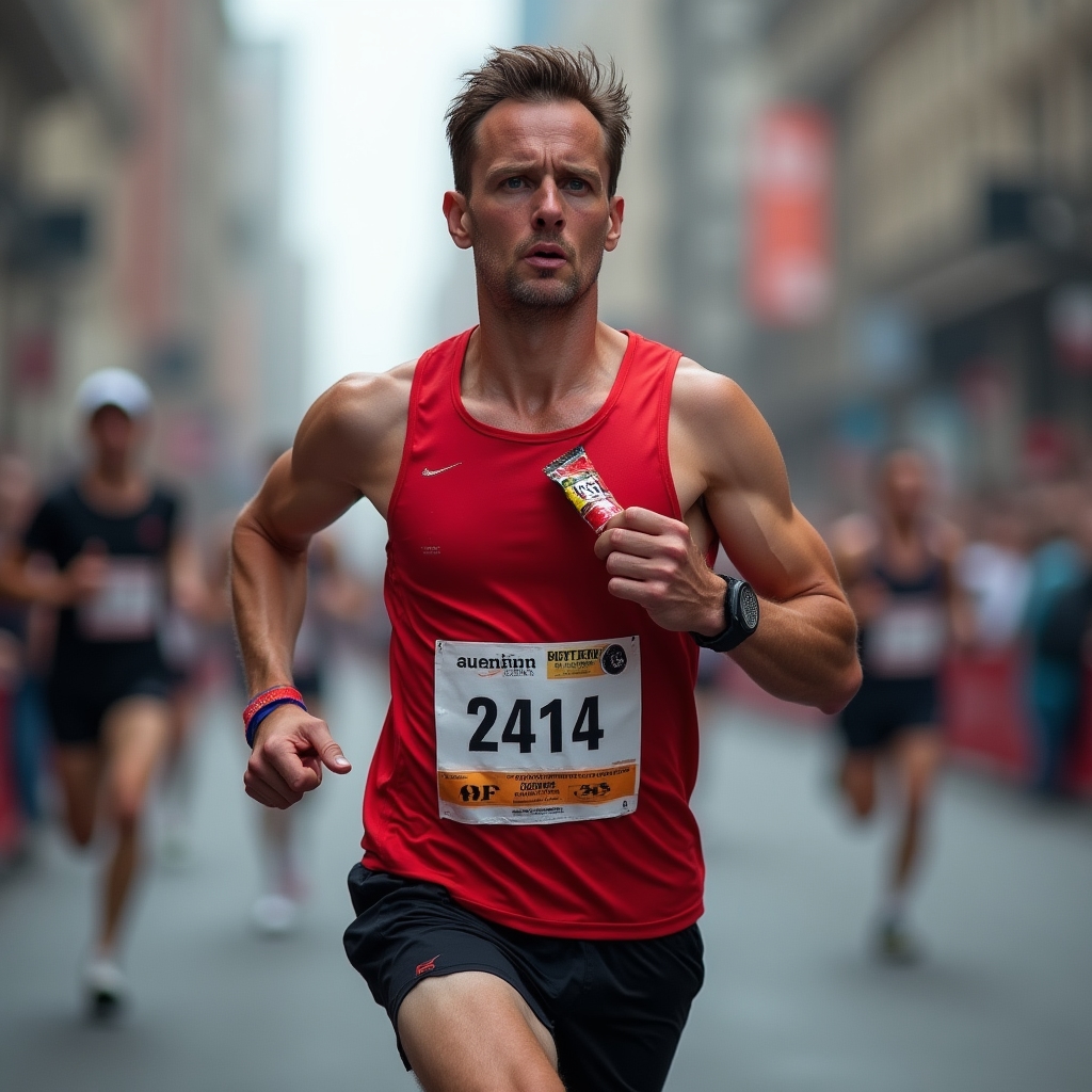 Maratonac na trci drži gel za ishranu
